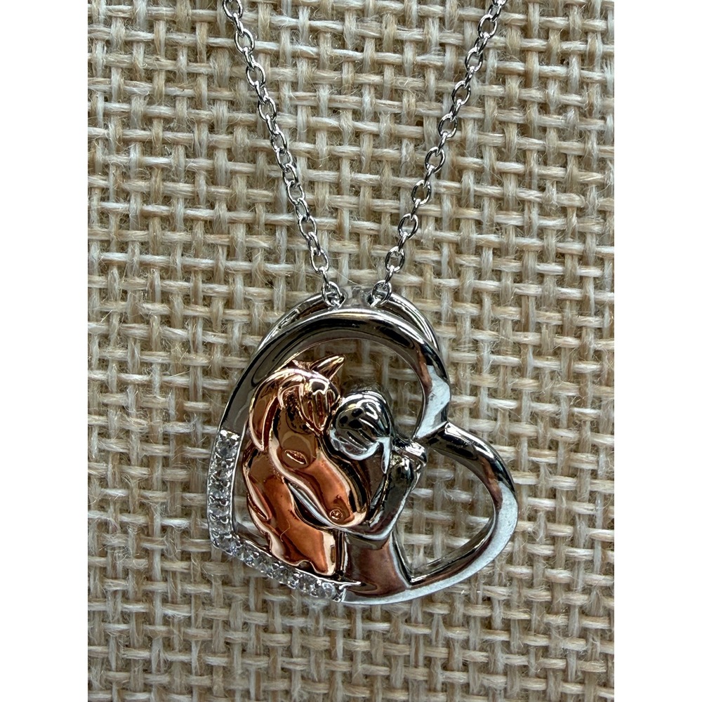 S925 Sterling Silver Horse Girl Embrace Heart Necklace Two Tone Rose Gold 18"